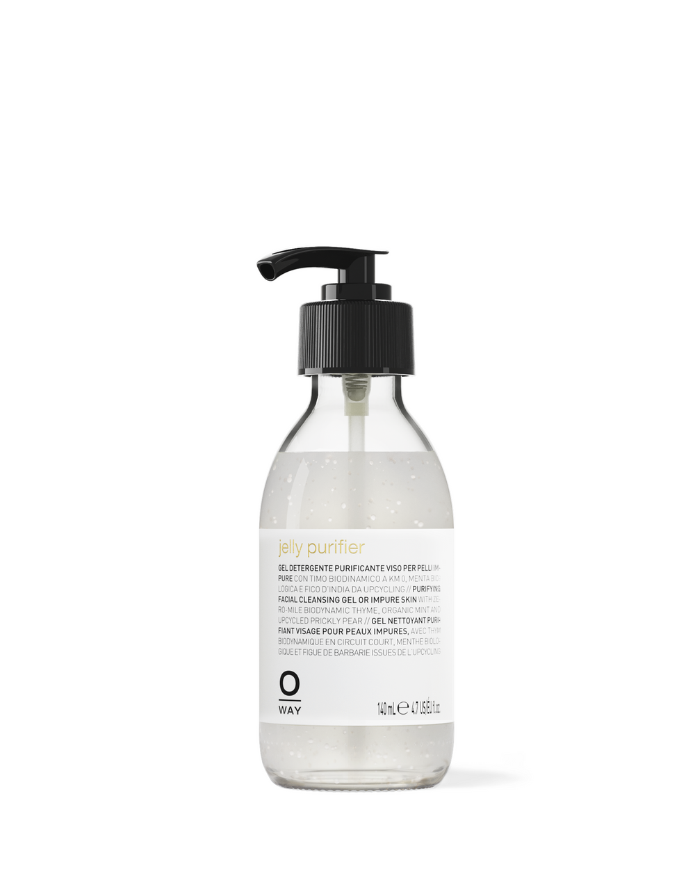 A clear pump bottle containing a transparent gel cleanser.