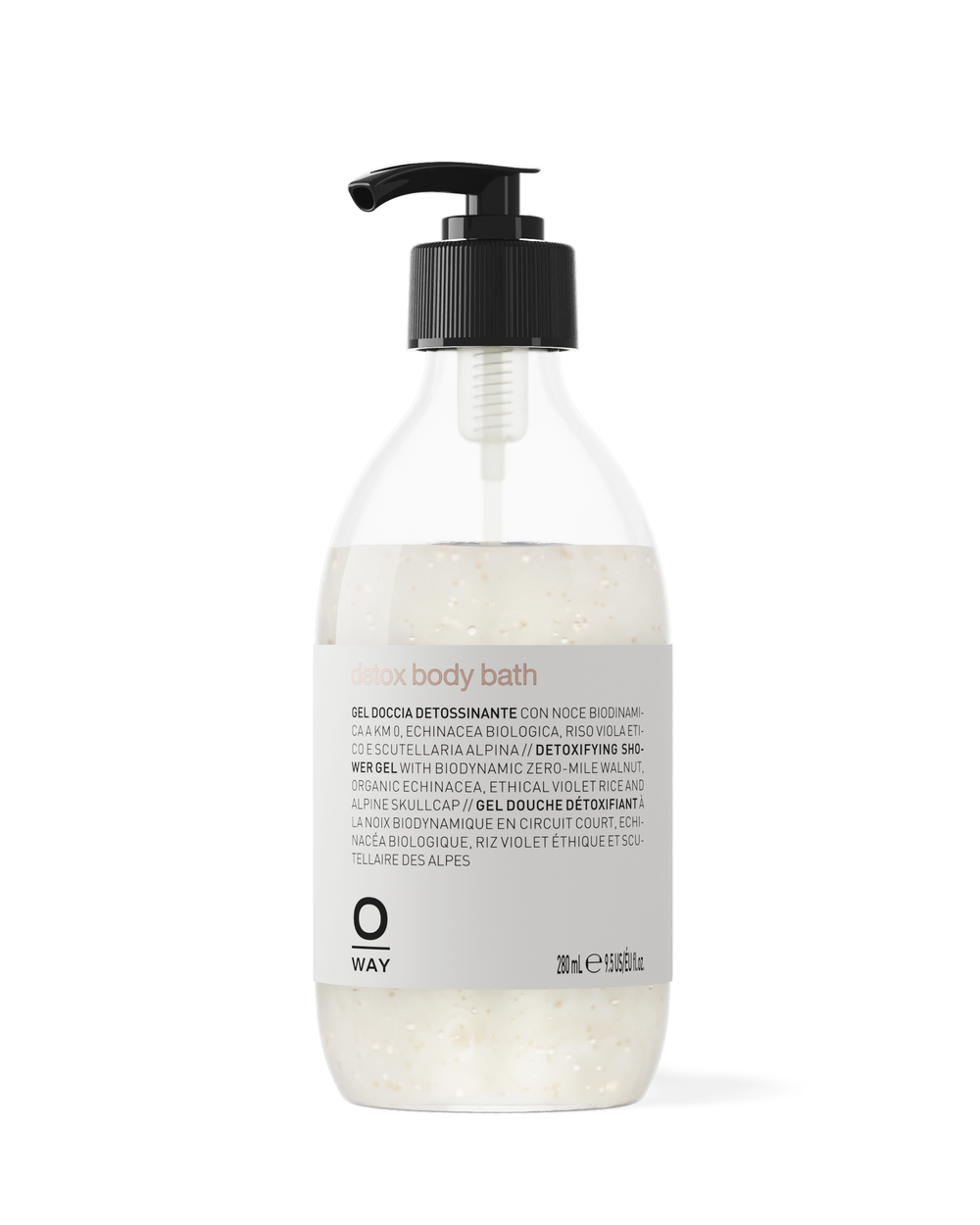 A clear bottle with a black pump labeled 'body bath', containing a translucent liquid.