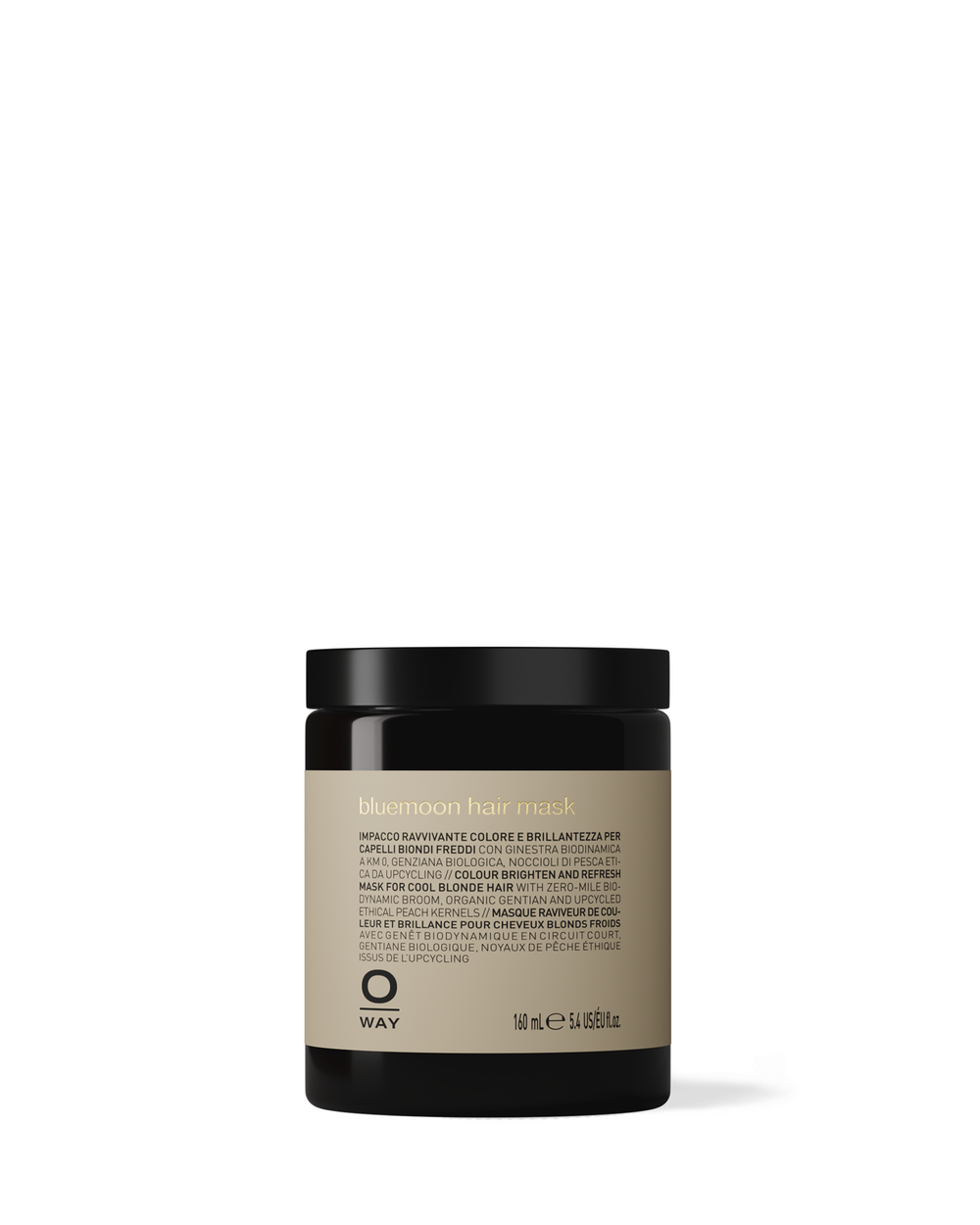 A jar of bluemoon hair mask by Oway, designed for cool blonde hair, with a black lid and beige label.