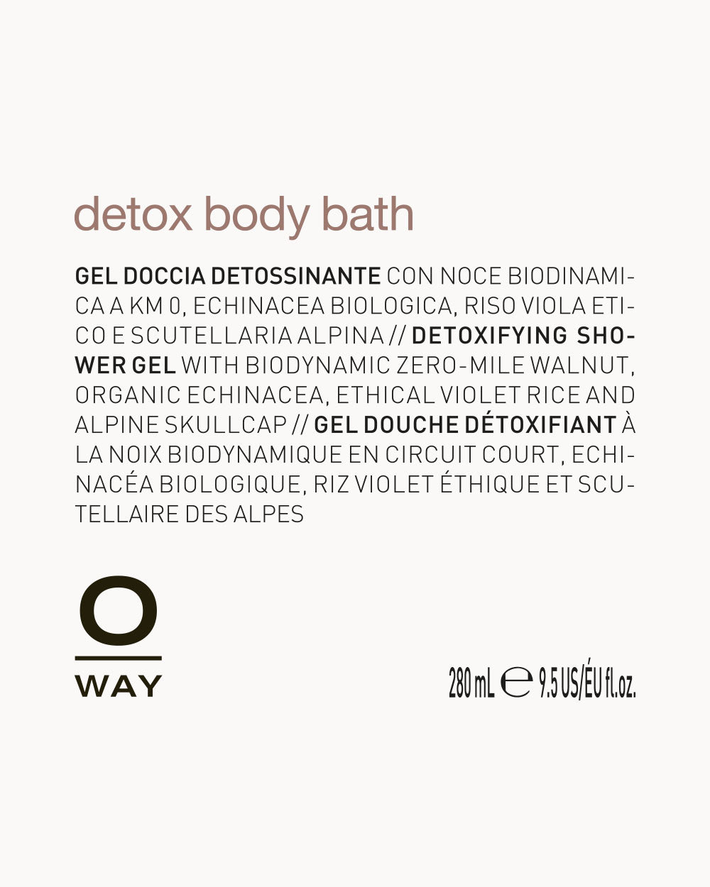 Product label for 'detox body bath' by Oway with text and branding. mobileonly
