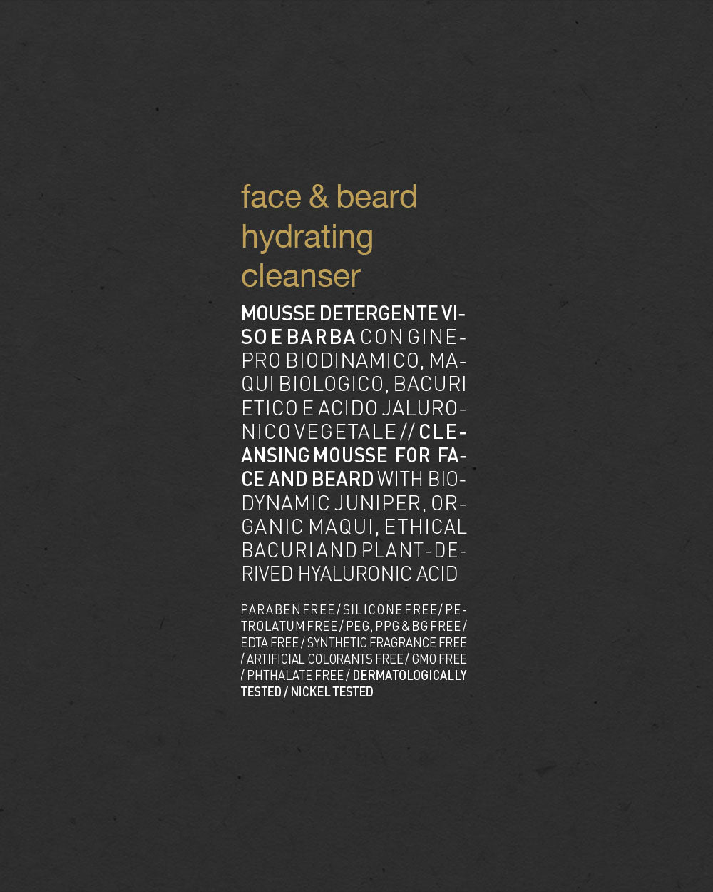 Text on a dark background describing a face and beard hydrating cleanser with ingredients and certifications listed. mobileonly