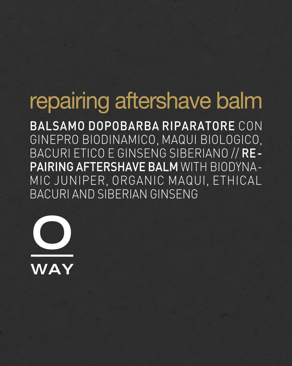 Oway repairing aftershave balm packaging with text on a dark background mobileonly