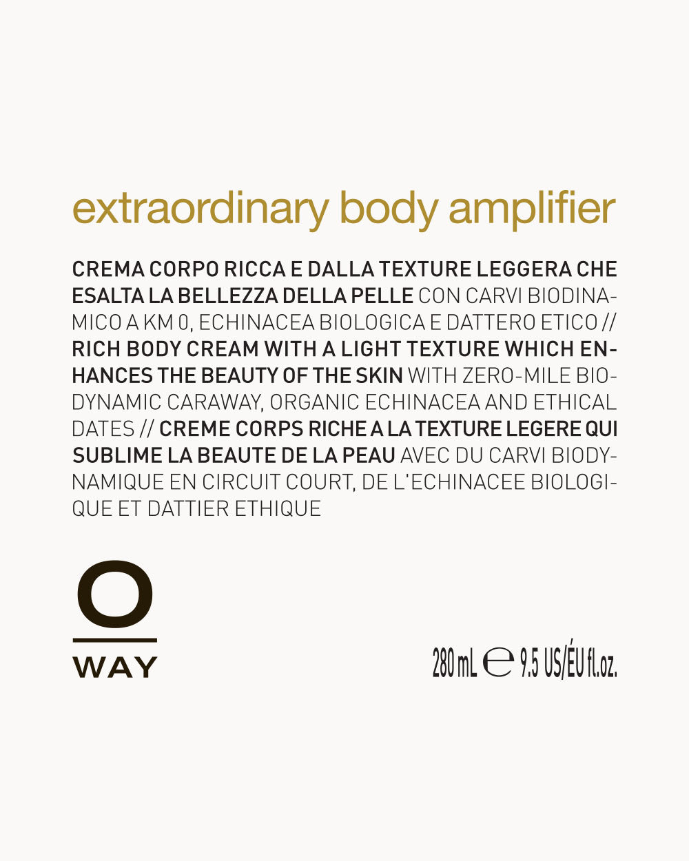 Product label for 'extraordinary body amplifier' by Oway on a white background mobileonly
