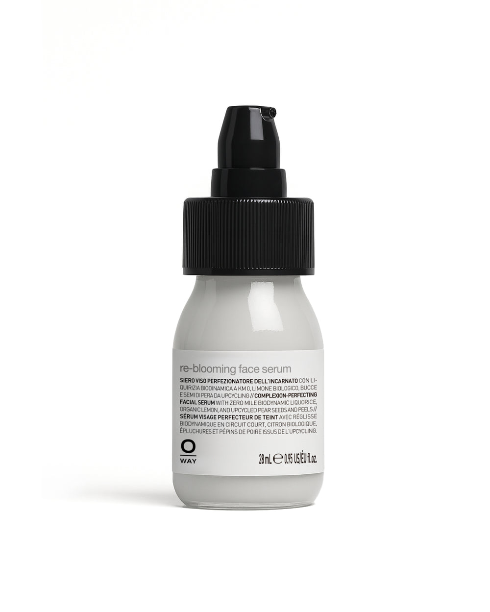 White bottle of re-blooming face serum with black cap on a white background