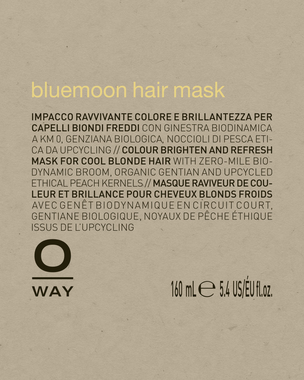 Bluemoon hair mask packaging with text on a beige background mobileonly