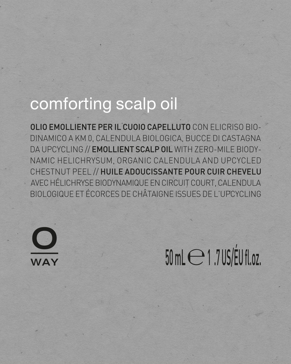 Label for Oway comforting scalp oil on a gray background