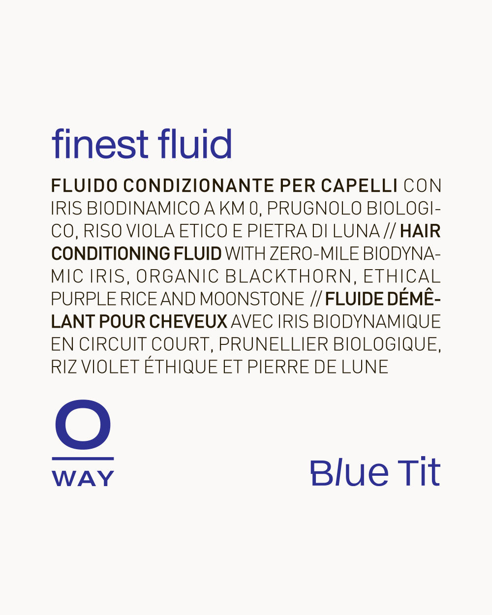 Product label for 'finest fluid' hair conditioning fluid with Oway and Blue Tit branding on a white background. mobileonly