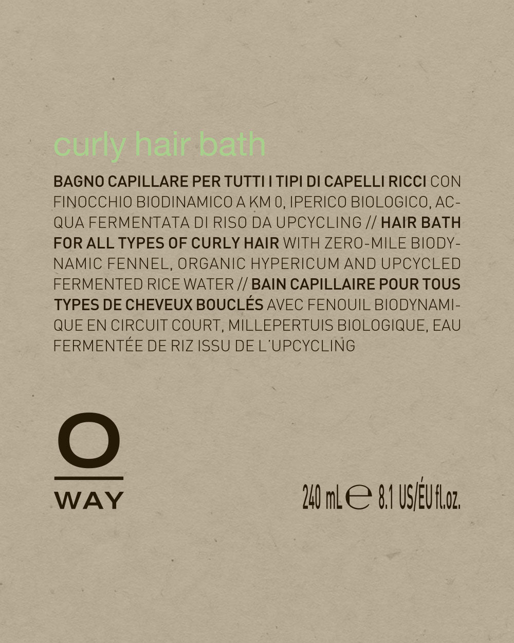 Product label for 'O Way' curly hair bath on a beige background mobileonly