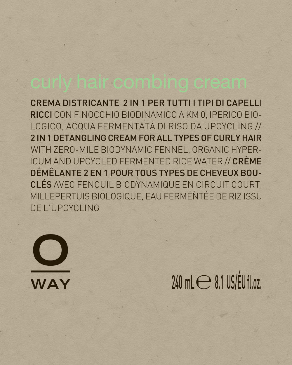 Label for O Way curly hair combing cream on a beige background mobileonly