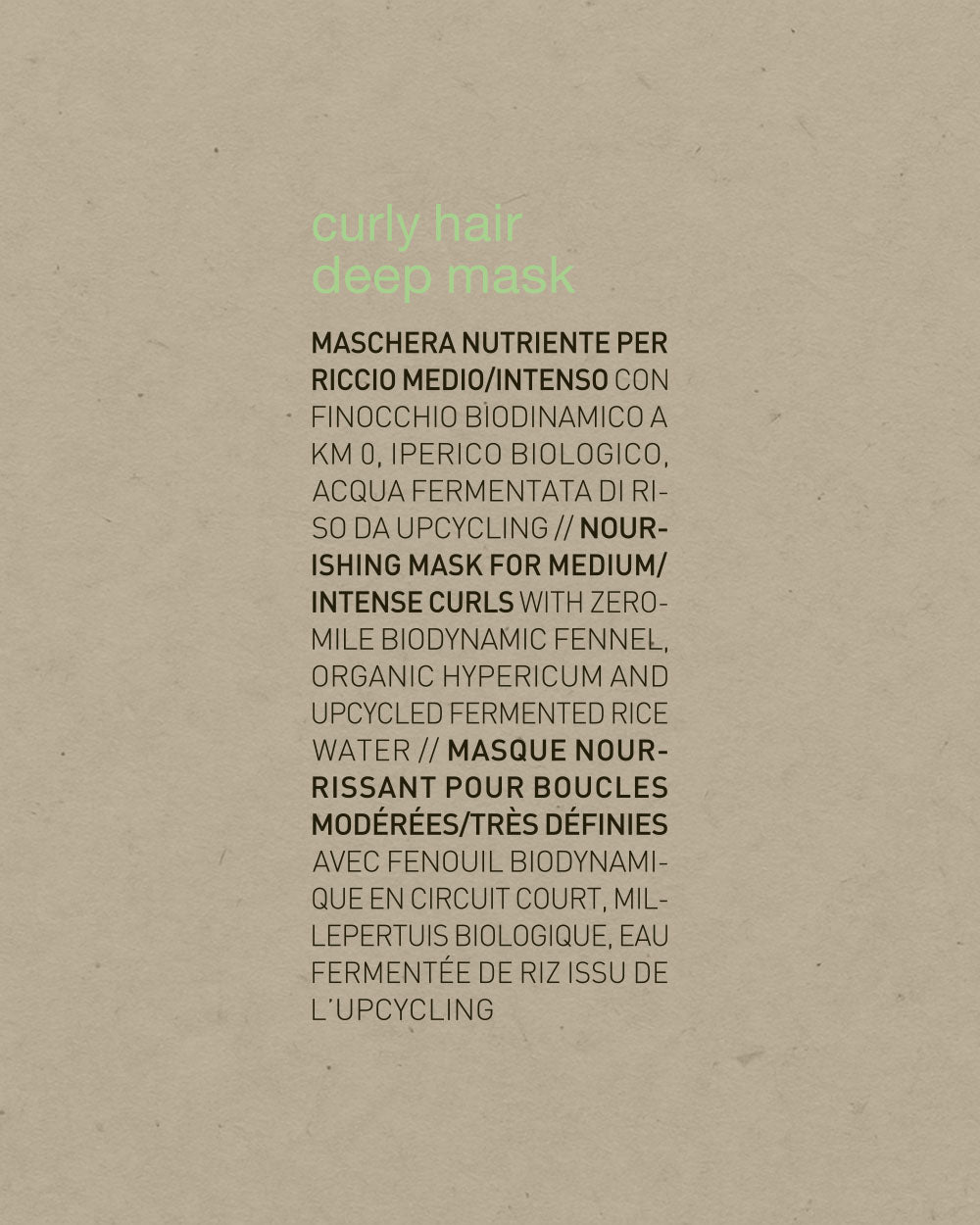 Product label for a curly hair deep mask on a beige background mobileonly