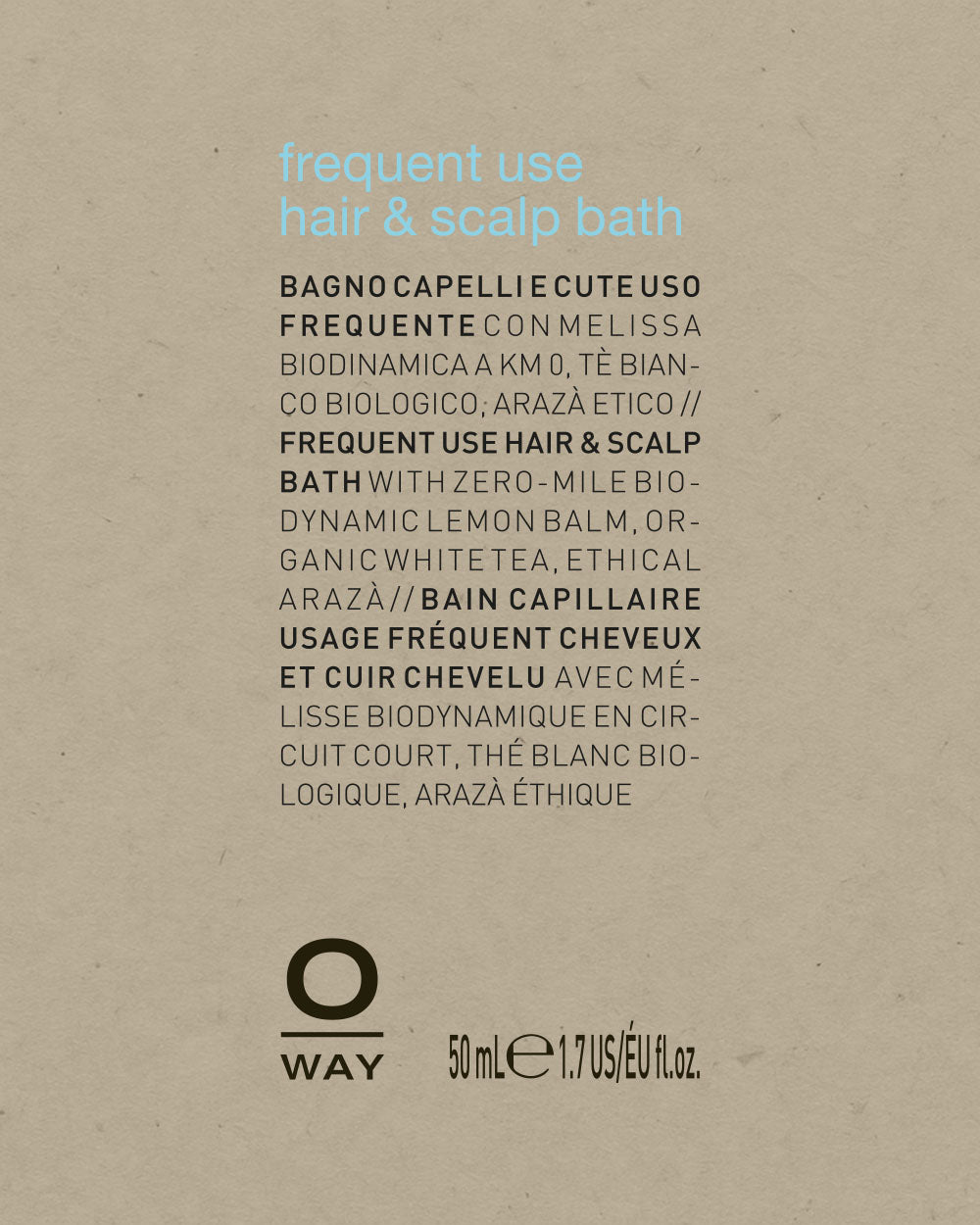 Product packaging for 'O Way' hair and scalp bath with text on a beige background