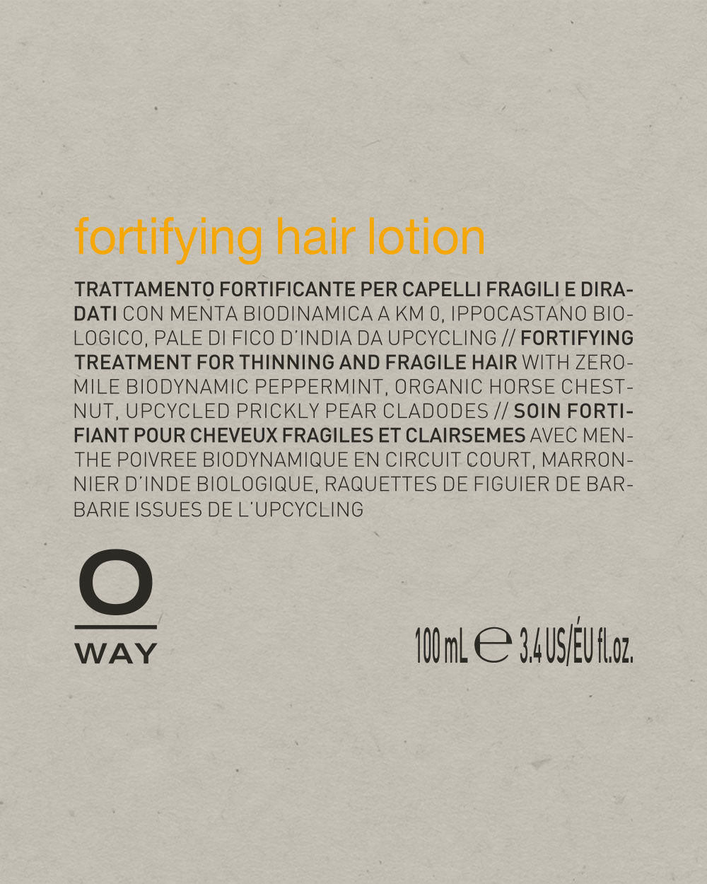Label for fortifying hair lotion with text and branding on a gray background mobileonly