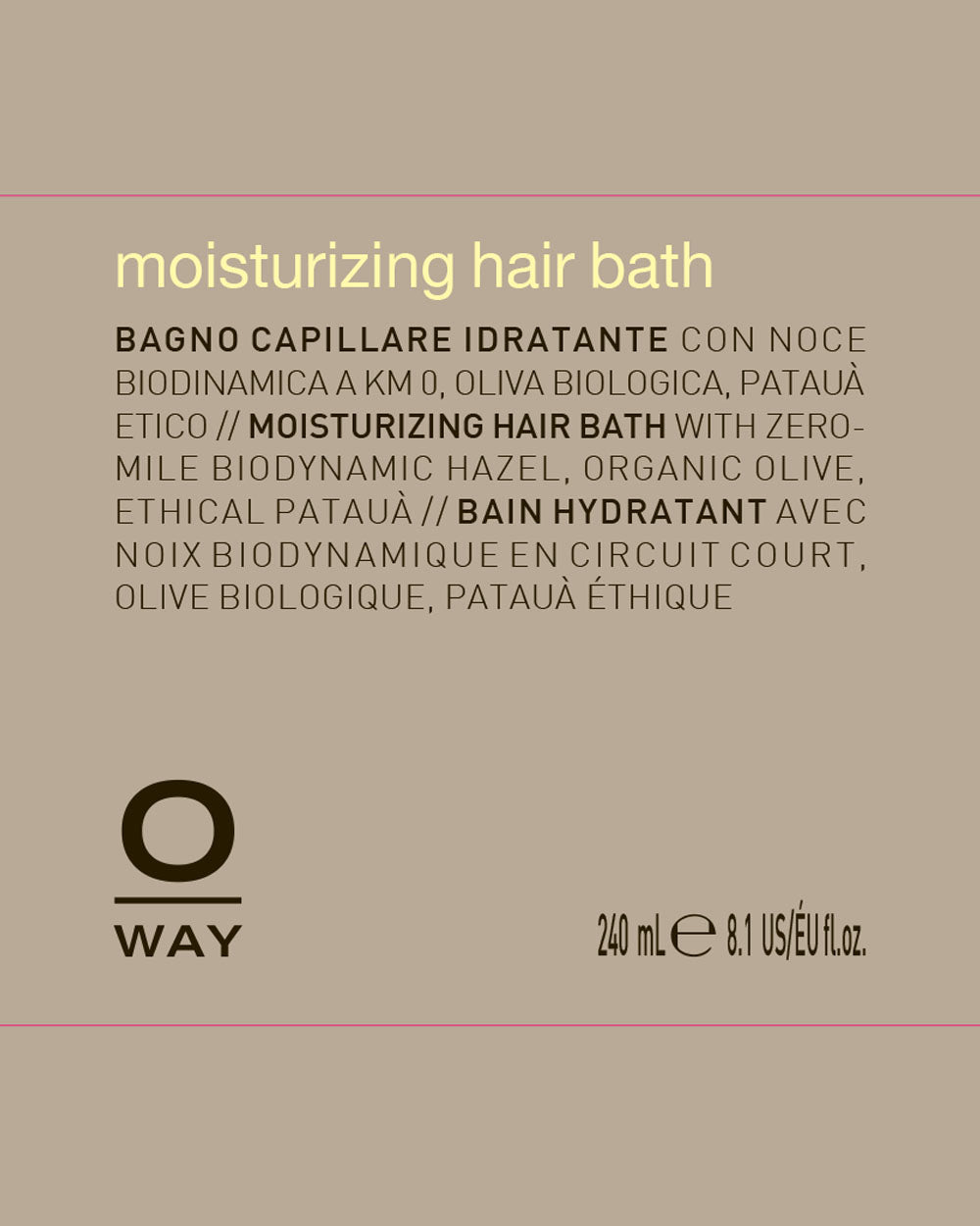 Moisturizing hair bath packaging with text and Oway logo on a beige background