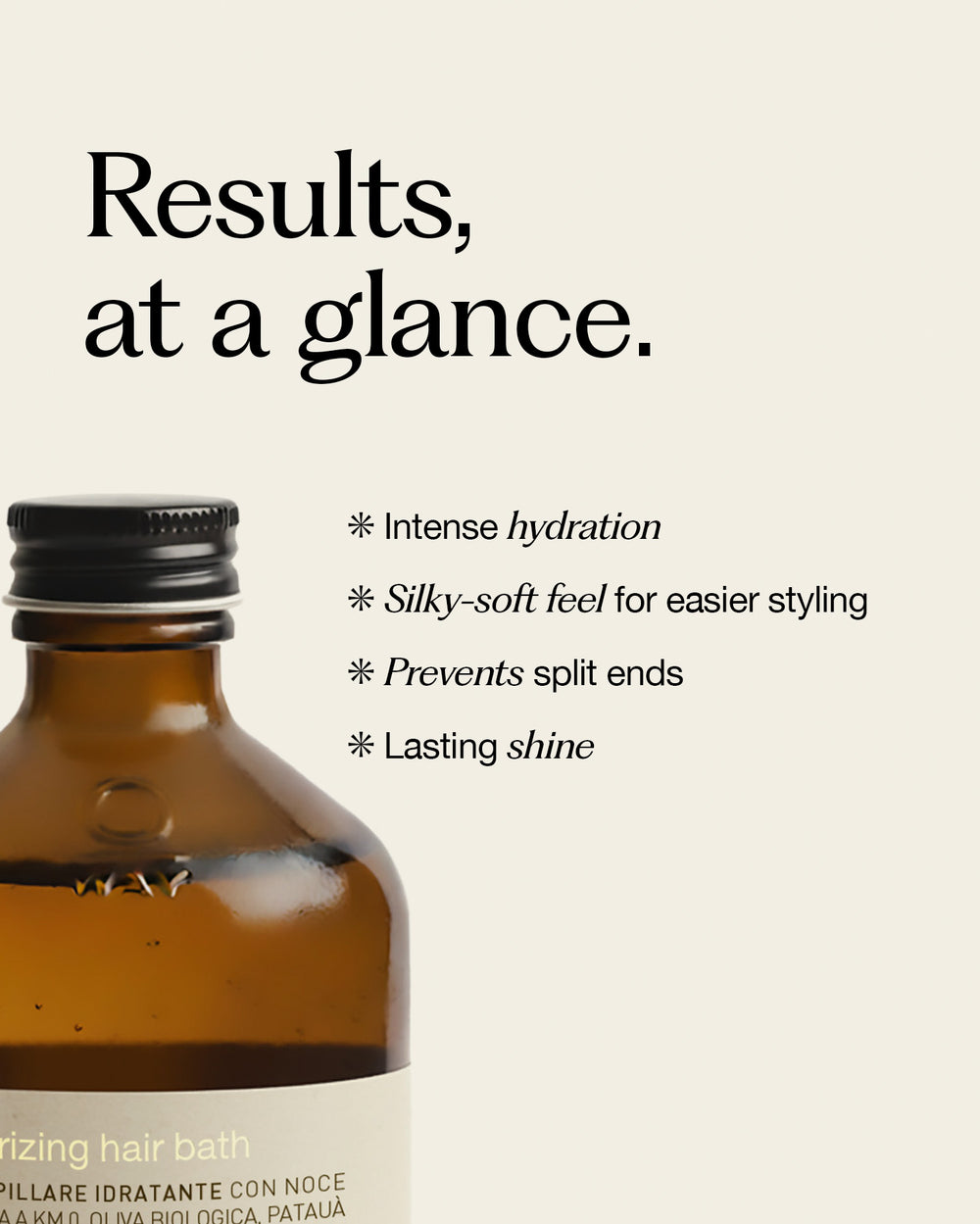 Brown bottle with black cap on a white background, featuring text about hair care benefits.