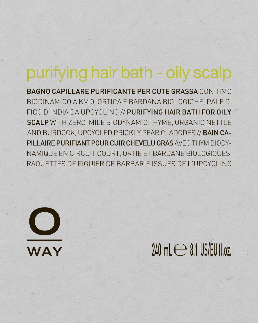 Product label for 'purifying hair bath for oily scalp' by O Way on a light gray background. mobileonly