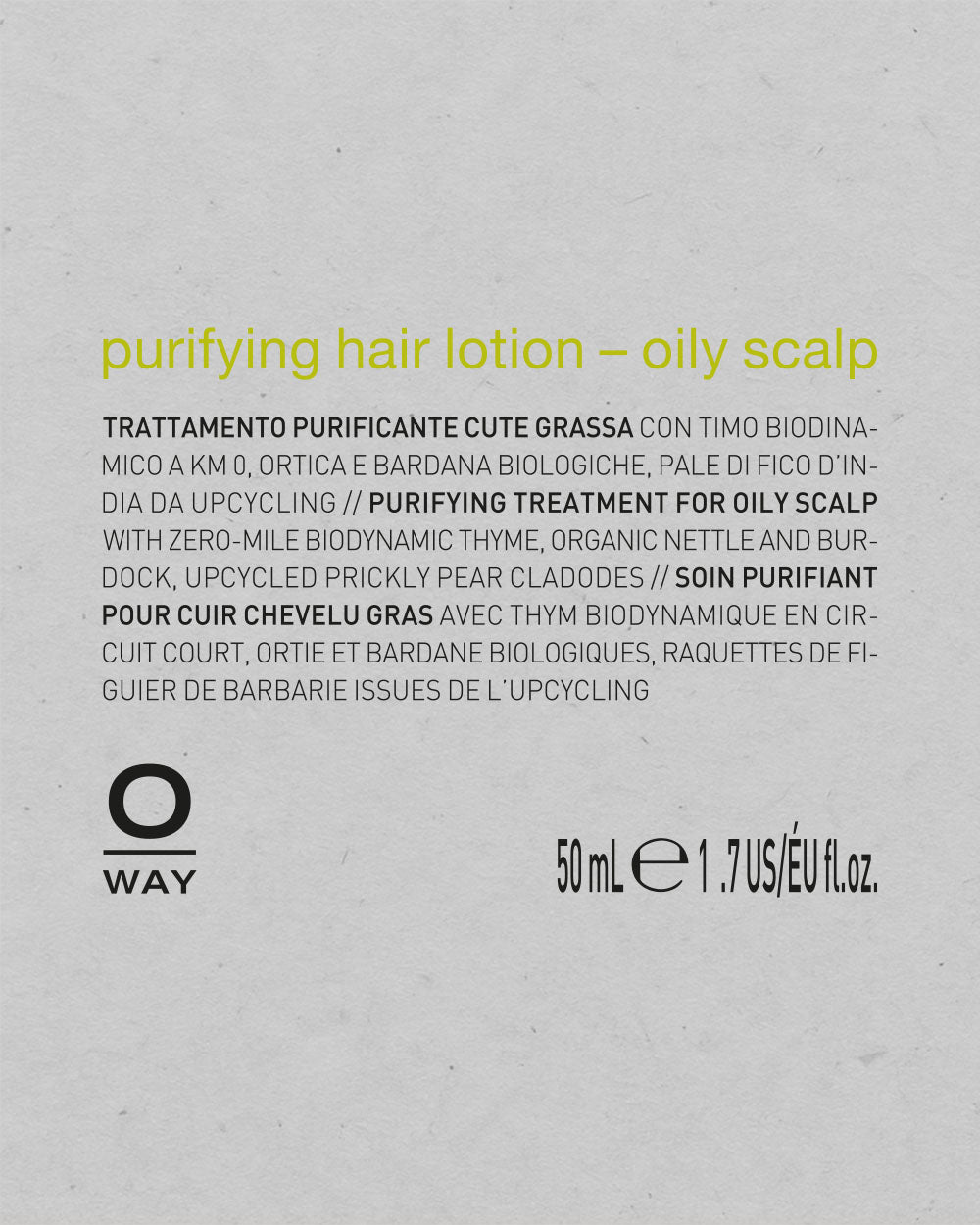 Product label for 'purifying hair lotion for oily scalp' by Oway on a gray background. mobileonly