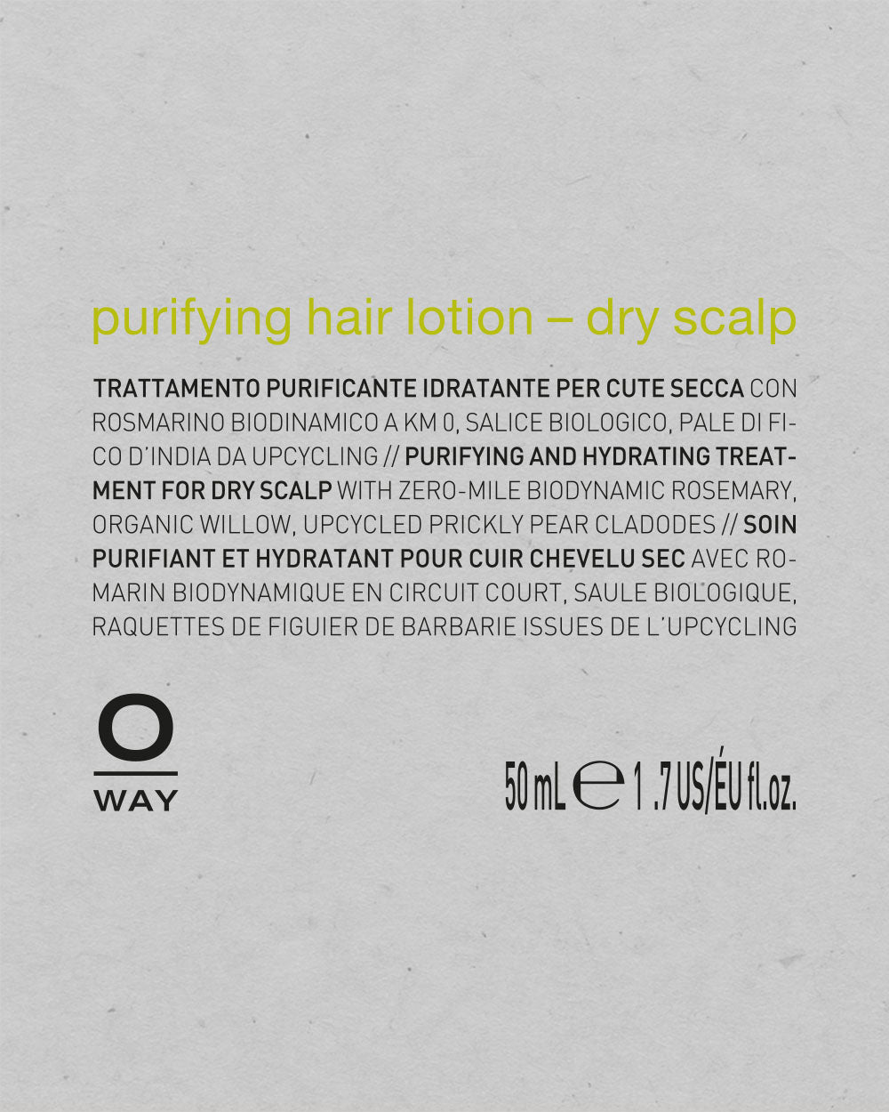 Product label for 'purifying hair lotion - dry scalp' by Oway on a light gray background. mobileonly