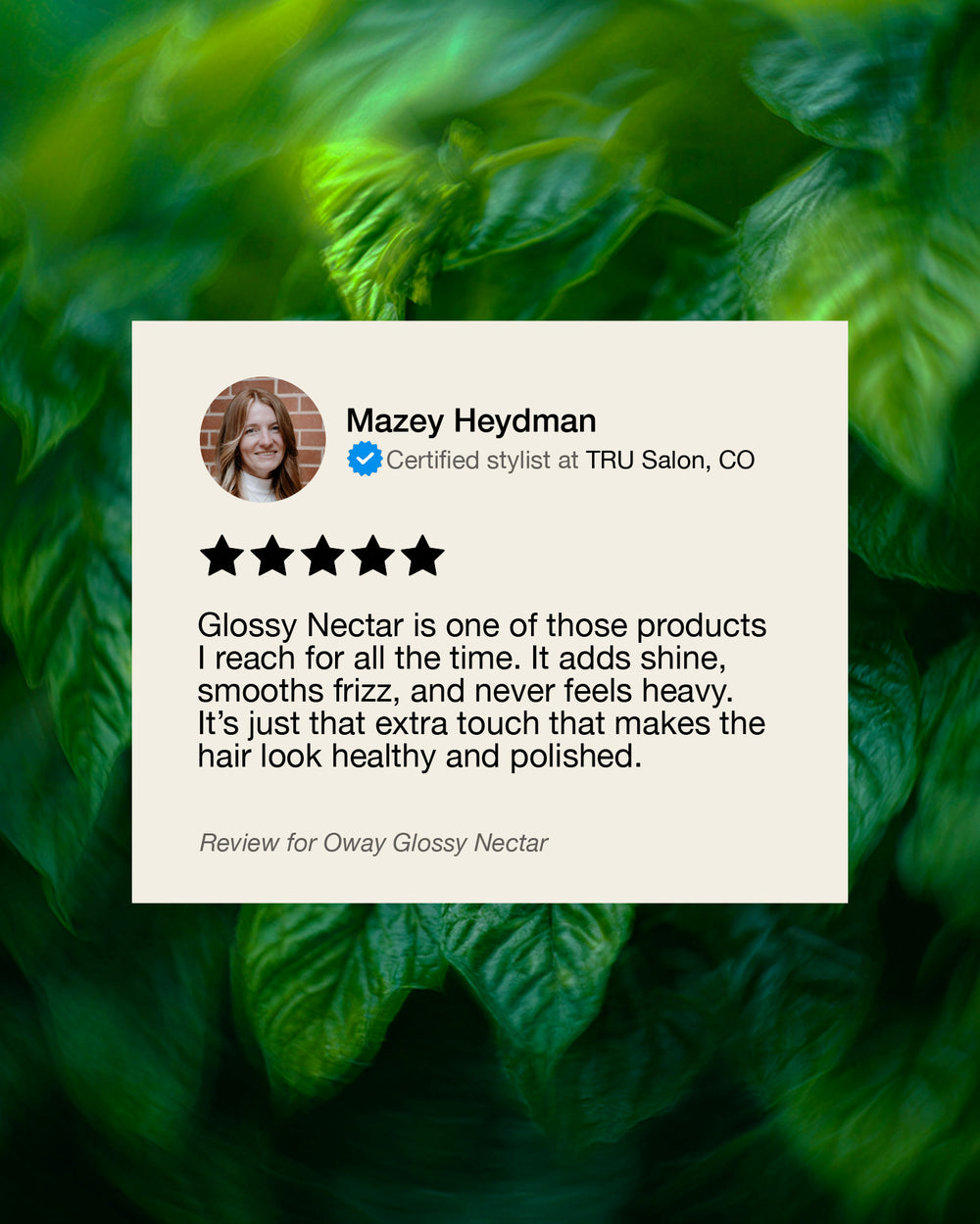 Product review card for Oway Glossy Nectar on a green leaf background