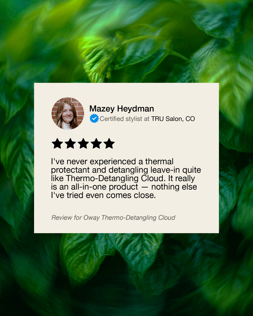 Product review card for Oway Thermo-Detangling Cloud on a green leafy background mobileonly