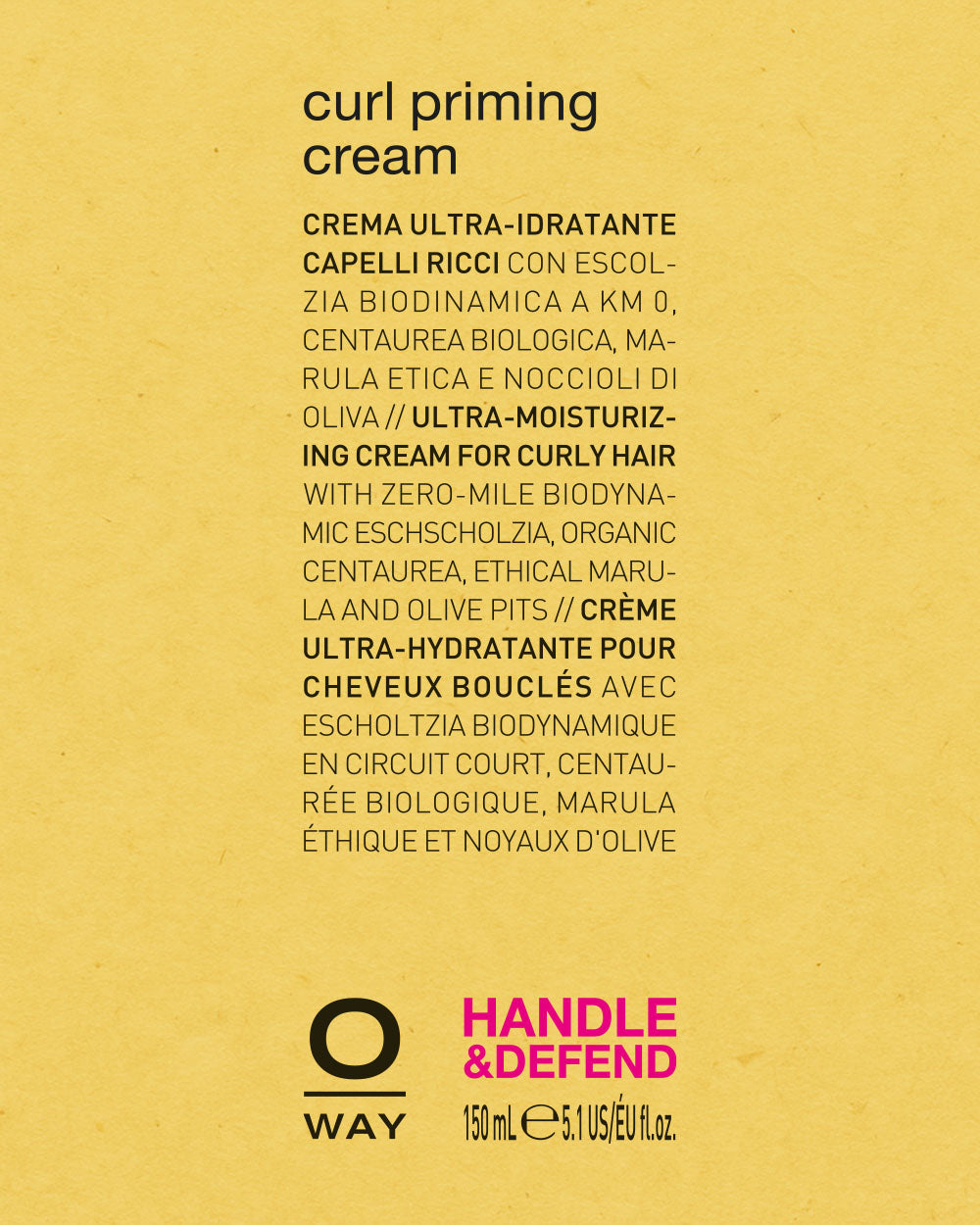 Product label for ' Oway curl priming cream' with text and branding on a yellow background mobileonly