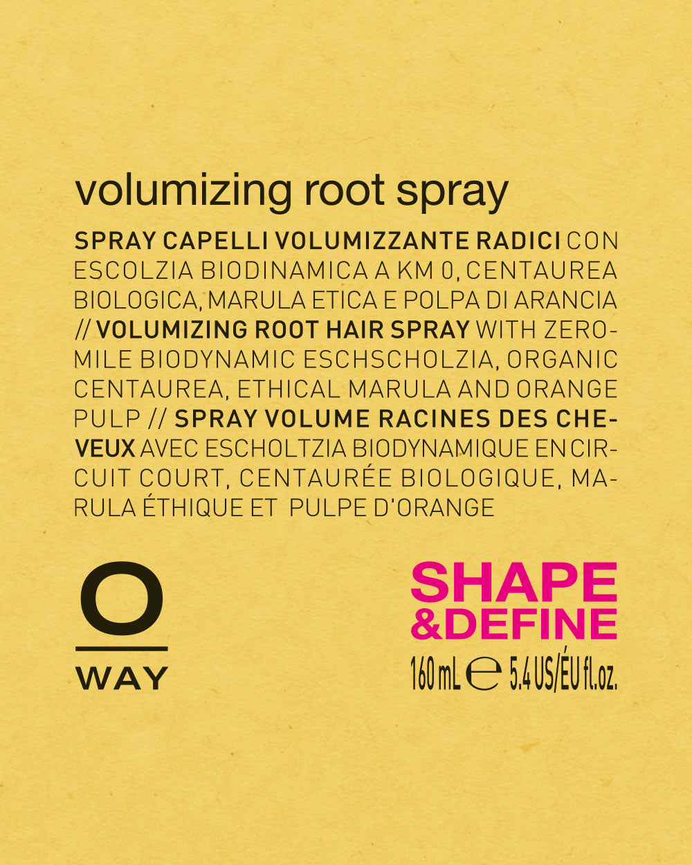Product label for Oway volumizing root spray on a yellow background mobileonly