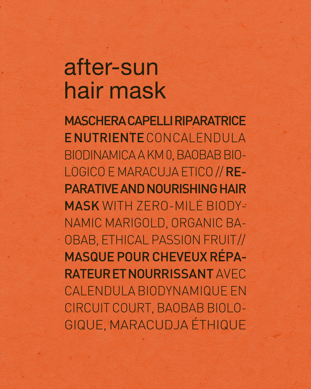 Orange background with black text describing an after-sun hair mask. mobileonly