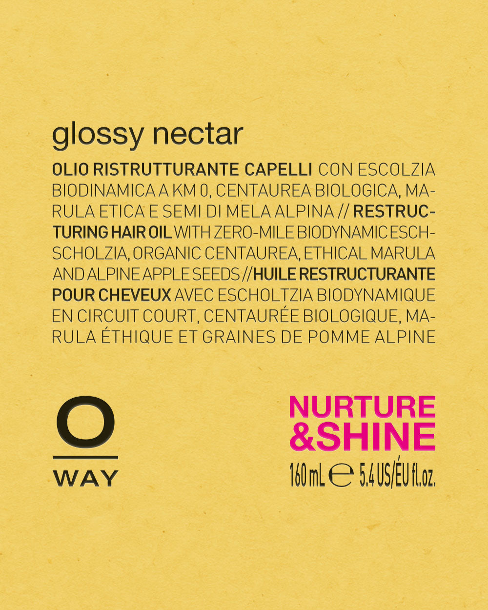 Oway glossy nectar hair oil packaging with text on a yellow background mobileonly
