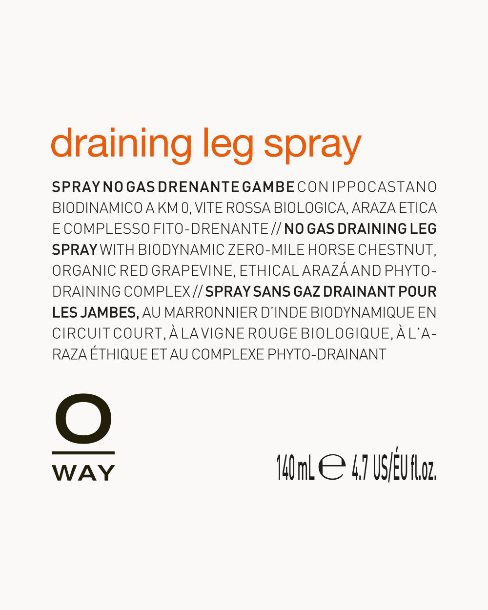 Oway draining leg spray label with product details on a white background mobileonly