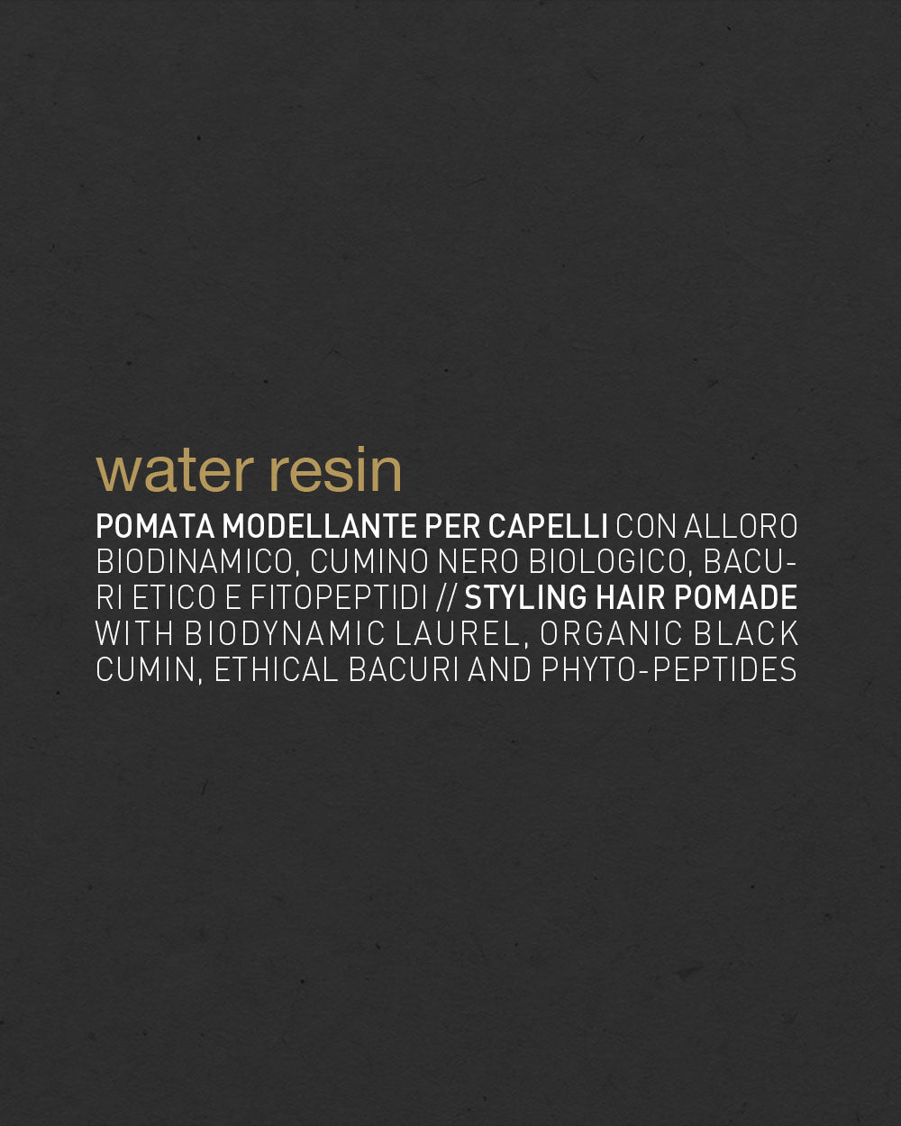 Text on a dark background describing a styling hair pomade with specific ingredients. mobileonly