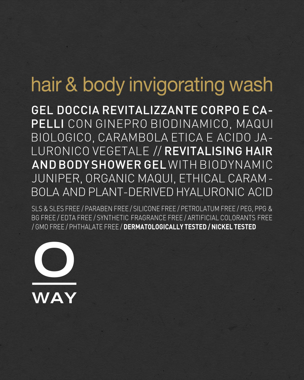 Product label for 'hair & body invigorating wash' by Oway on a dark background mobileonly