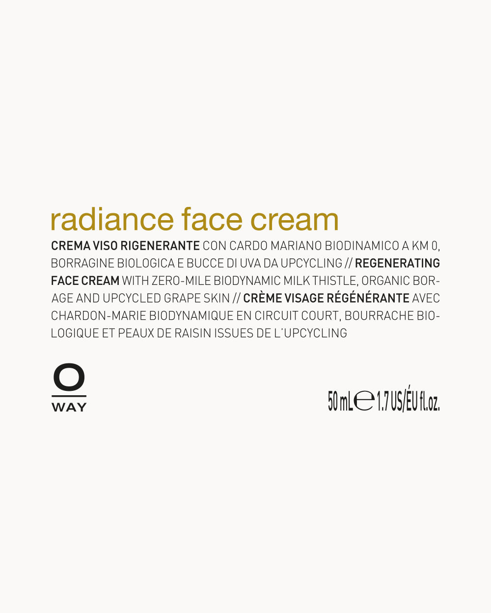 Radiance face cream packaging with text and Oway logo on a white background mobileonly