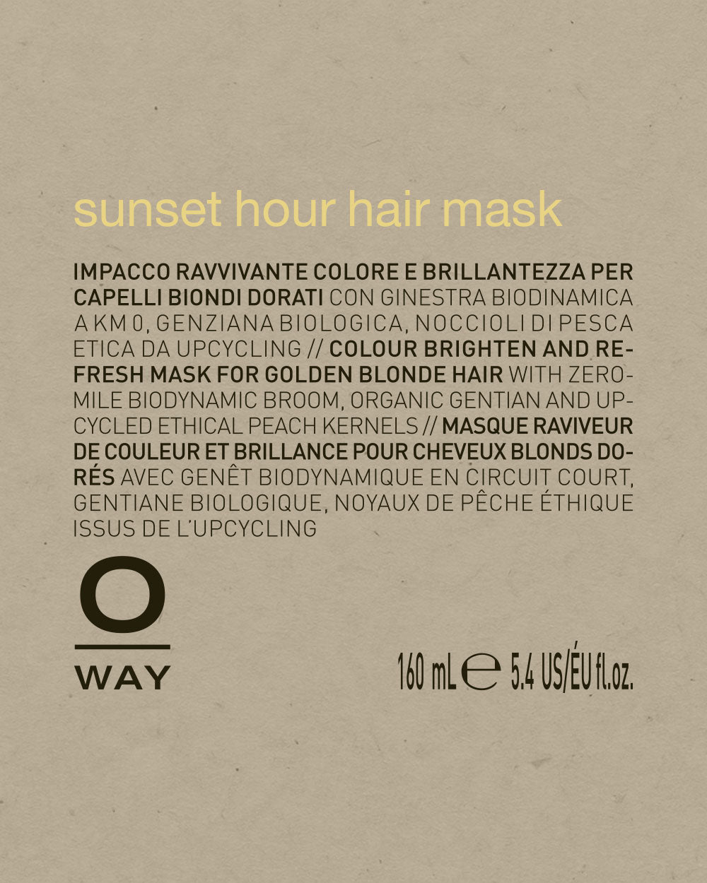 Oway sunset hour hair mask packaging with text on a beige background mobileonly
