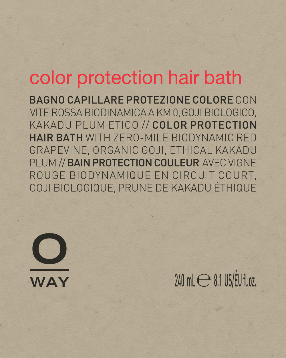 Beige label for O Way color protection hair bath with text and branding. mobileonly