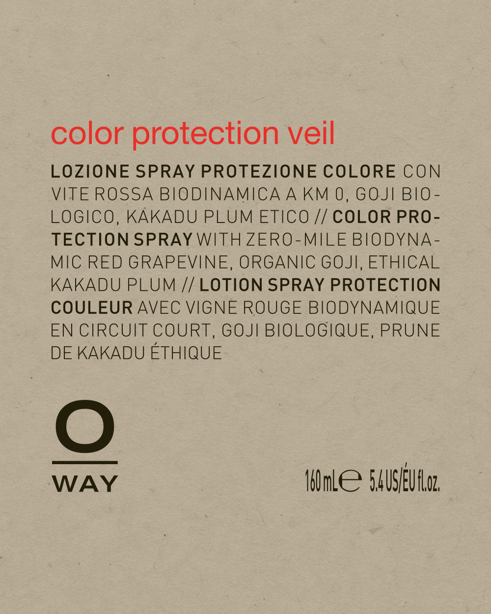 Product label for 'color protection veil' by O Way with text and branding on a beige background. mobileonly