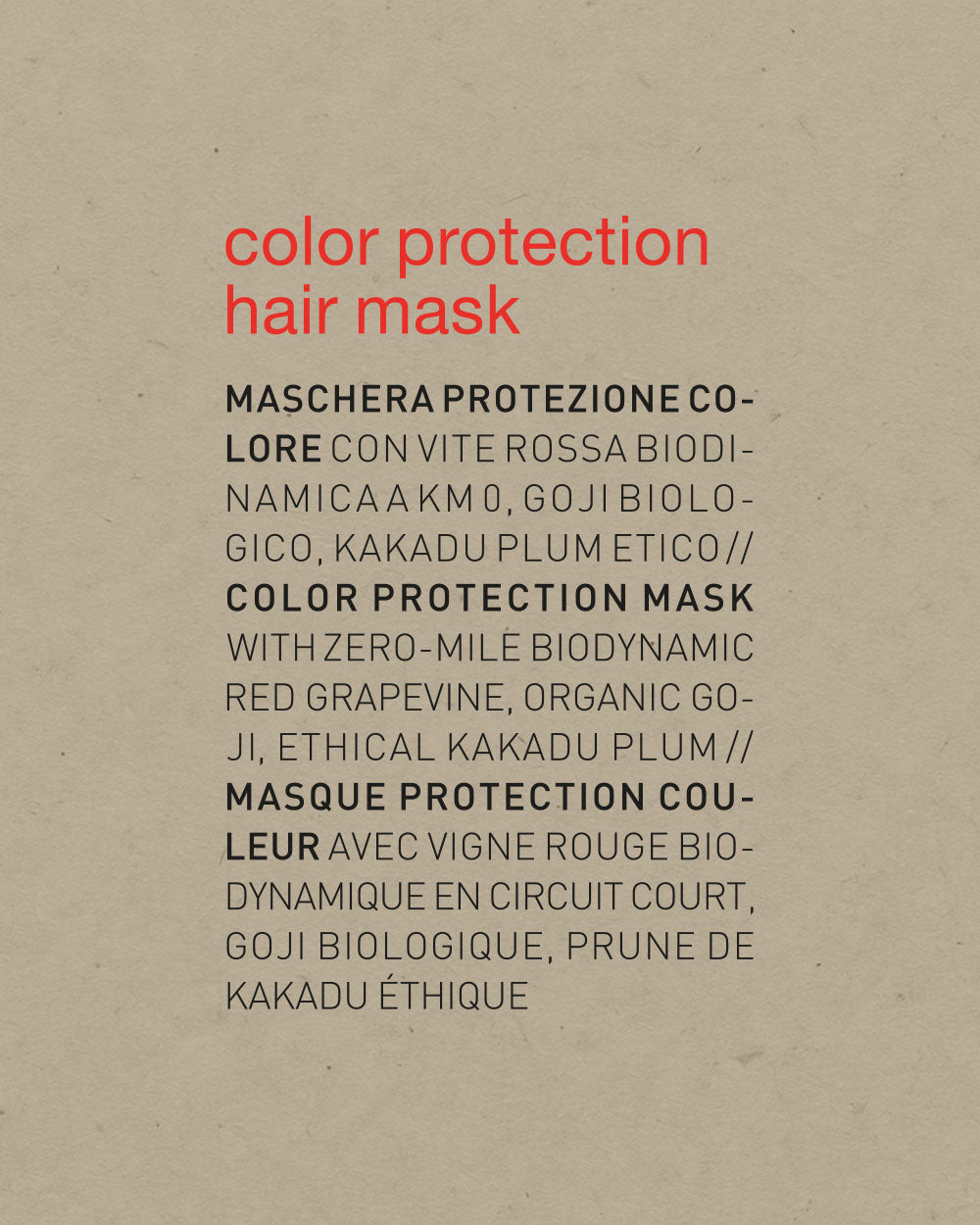 Product packaging for a color protection hair mask with text on a beige background mobileonly