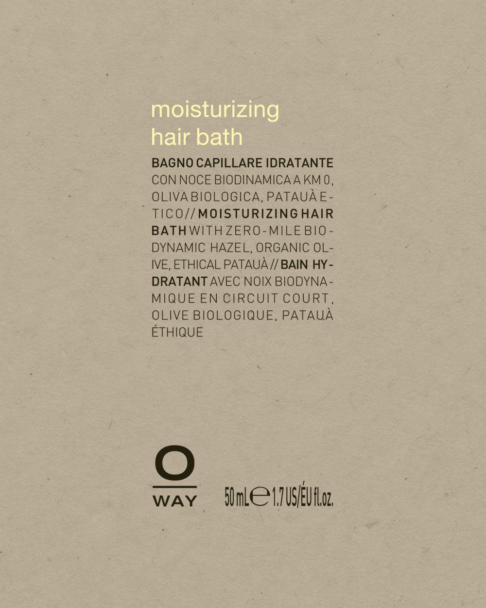 Product label for 'moisturizing hair bath' by O Way on a beige background mobileonly