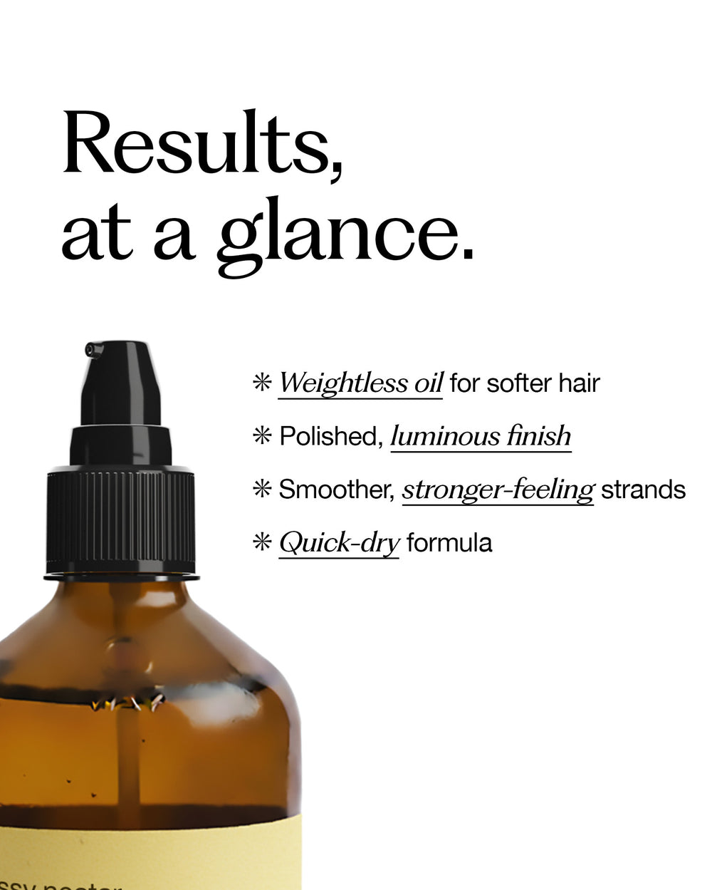 Brown bottle with black spray nozzle on a white background with text about hair product benefits. mobileonly