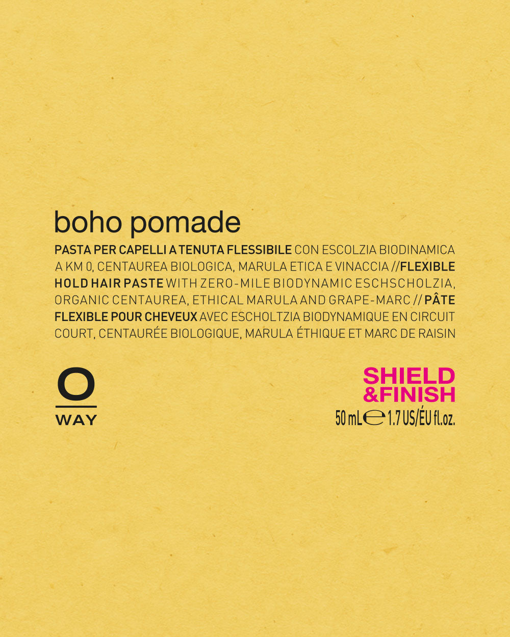 Oway Boho pomade packaging with text on a yellow background mobileonly