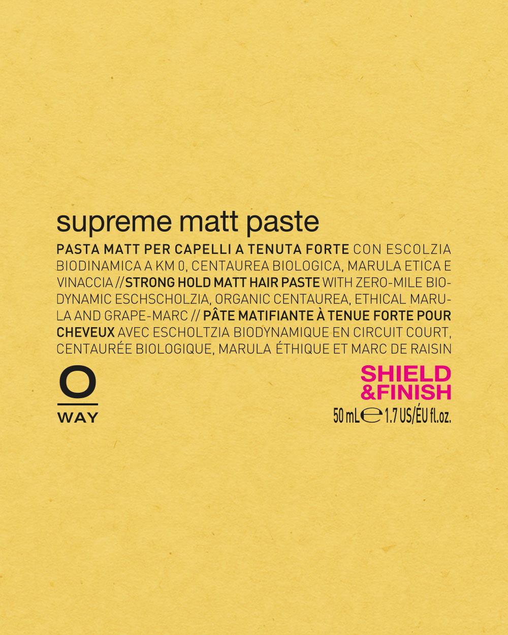 Product packaging for oway 'supreme matt paste' with text on a yellow background mobileonly