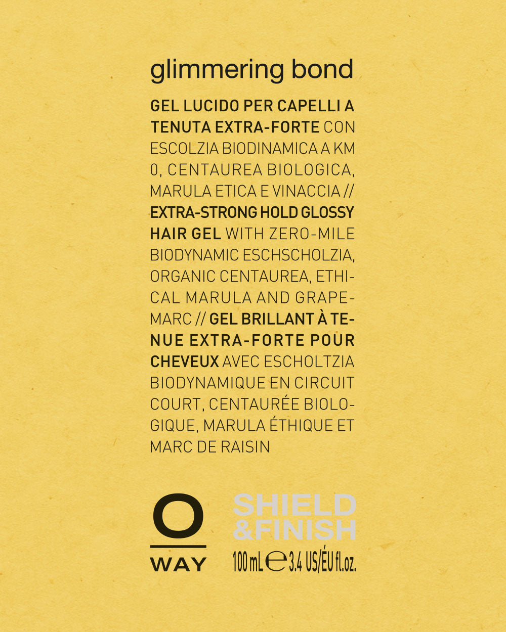 Product label for oway 'glimmering bond' hair gel with text on a yellow background mobileonly
