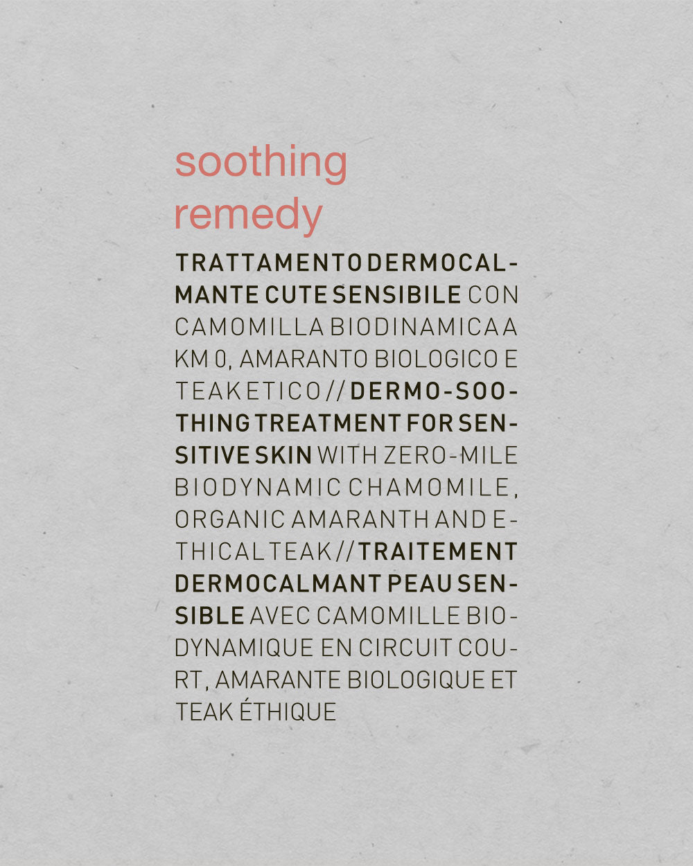 Text on a gray background describing a soothing remedy for sensitive skin with various ingredients. mobileonly