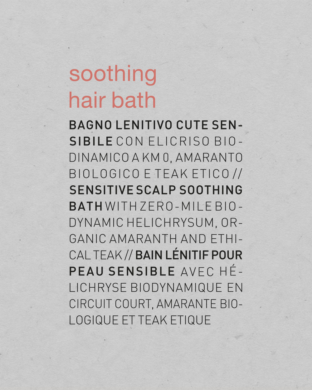 Text description of a soothing hair bath product on a gray background mobileonly