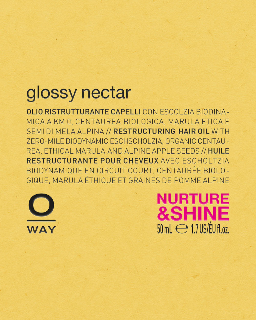 Glossy Nectar hair oil packaging with text on a yellow background mobileonly